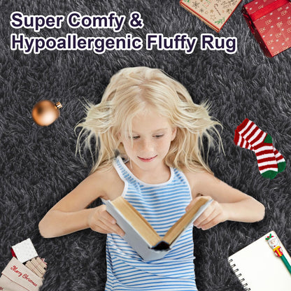 KOGSA 9x12 Large Area Rugs for Living Room, Charcoal Gray Ultra Fluffy Plush Rug for Living Room Bedroom, Thick Fluffy Carpet for Girls Boys Kids Room, Non Slip Dorm Rug for Home Decor Aesthetic