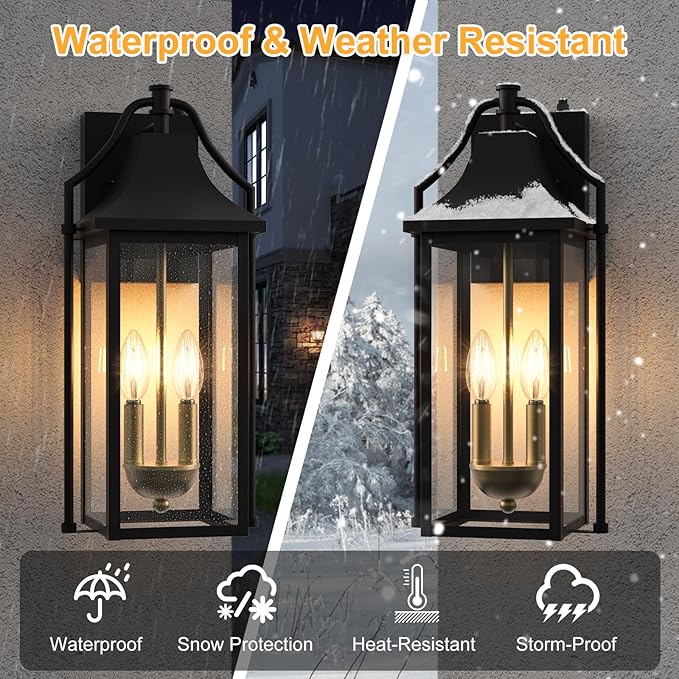 𝟏𝟕.𝟒𝑰𝑵 Outdoor Wall Sconce Fixture, Dusk to Dawn Patio Lights Waterproof Exterior Lanterns, 2-Light Modern Wall Lights Mounted with Glass, Black Outside Light for House Front Door Decor