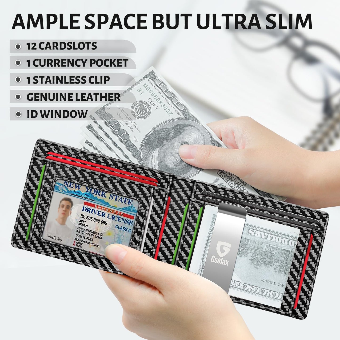 GSOIAX Slim Wallet for Men Rfid Blocking Leather Bifold Front Pocket Carbon Fiber Credit Card Holder Novelty Wallets With Gift Box (Carbon-money clip)