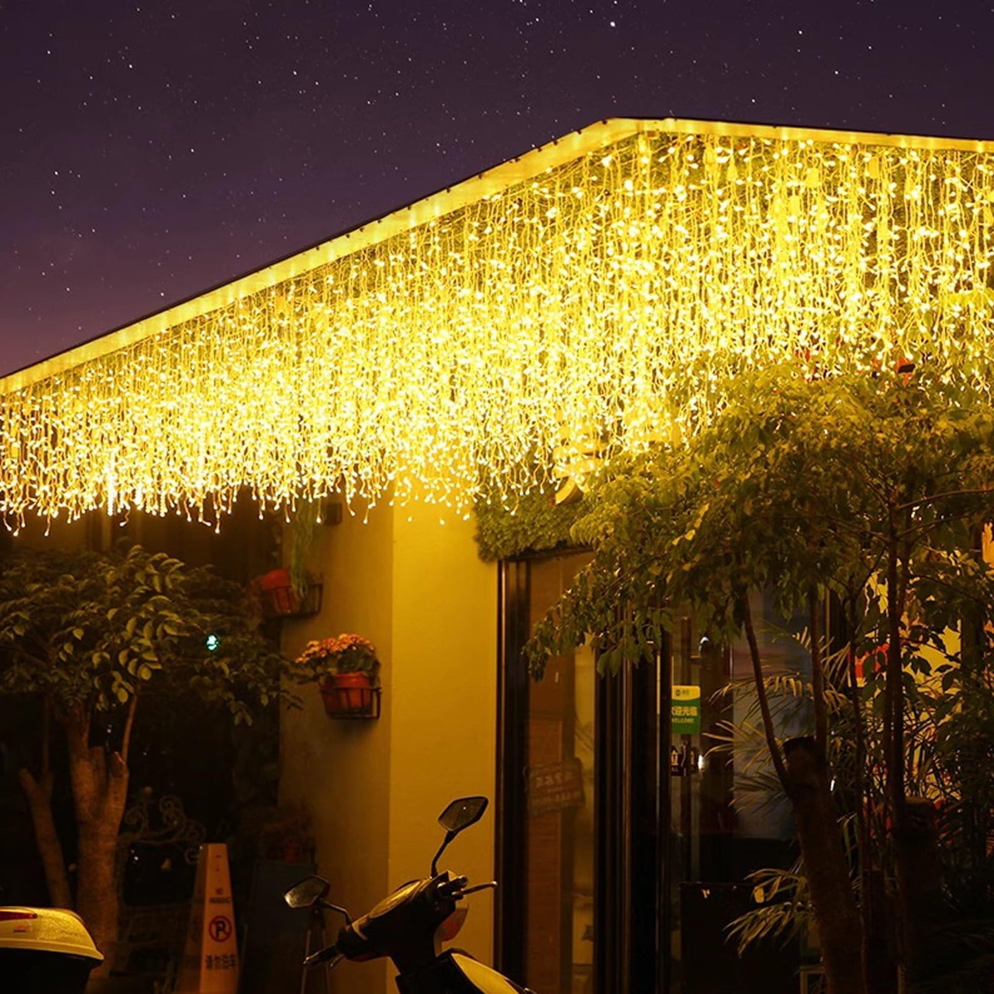JAMISAY LED Icicle Lights, 8 Modes 19.7FT 150 LEDs Christmas Short Curtain Fairy Hanging Ceiling Extendable Lights for Wedding Balcony Doorway Outdoor Indoor Decoration Warm White, 6M05