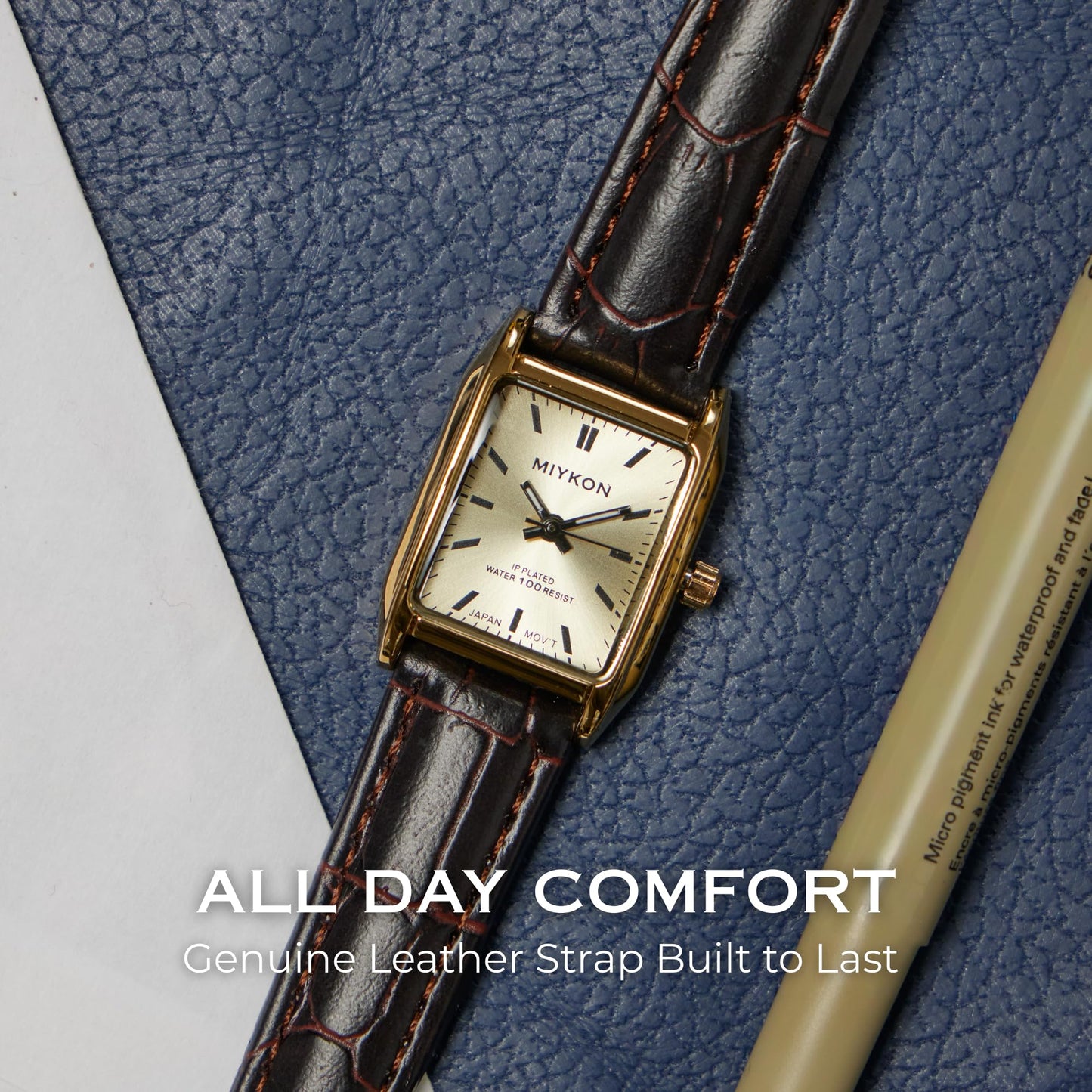 Miykon Gold Vintage Watches for Women - Small Dainty Tank, Square Womens Watch with Brown Genuine Leather Strap - Second Hand, Japanese Quartz, Waterproof to 100ft