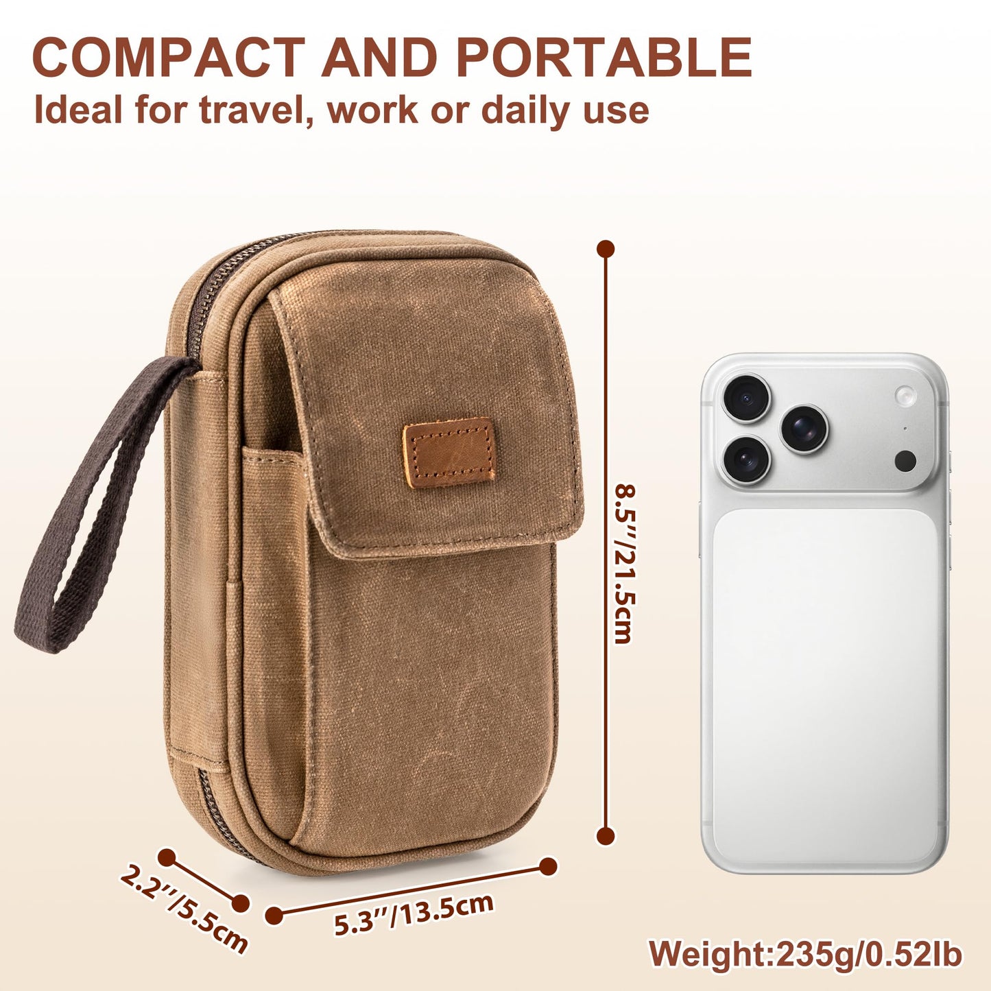 Yarwo Diabetic Supplies Travel Case for Men, Waxed Canvas Diabetes Storage Smell Proof Bag with Leather Clip for Glucose Monitor, Insulin Syringe, Test Strips, Lancets & Diabetic Care Kits (BAG ONLY)
