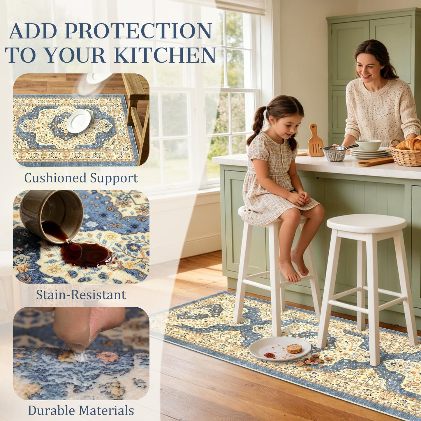 TUKDAK Boho Non-Slip Washable Kitchen Rug Set of 3, Soft Thick Stain Resistant Kitchen Floor Mats, Yellow & Blue Farmhouse Decor Rugs for Sink Front, Hallway, Bathroom, Entryway, Laundry Room
