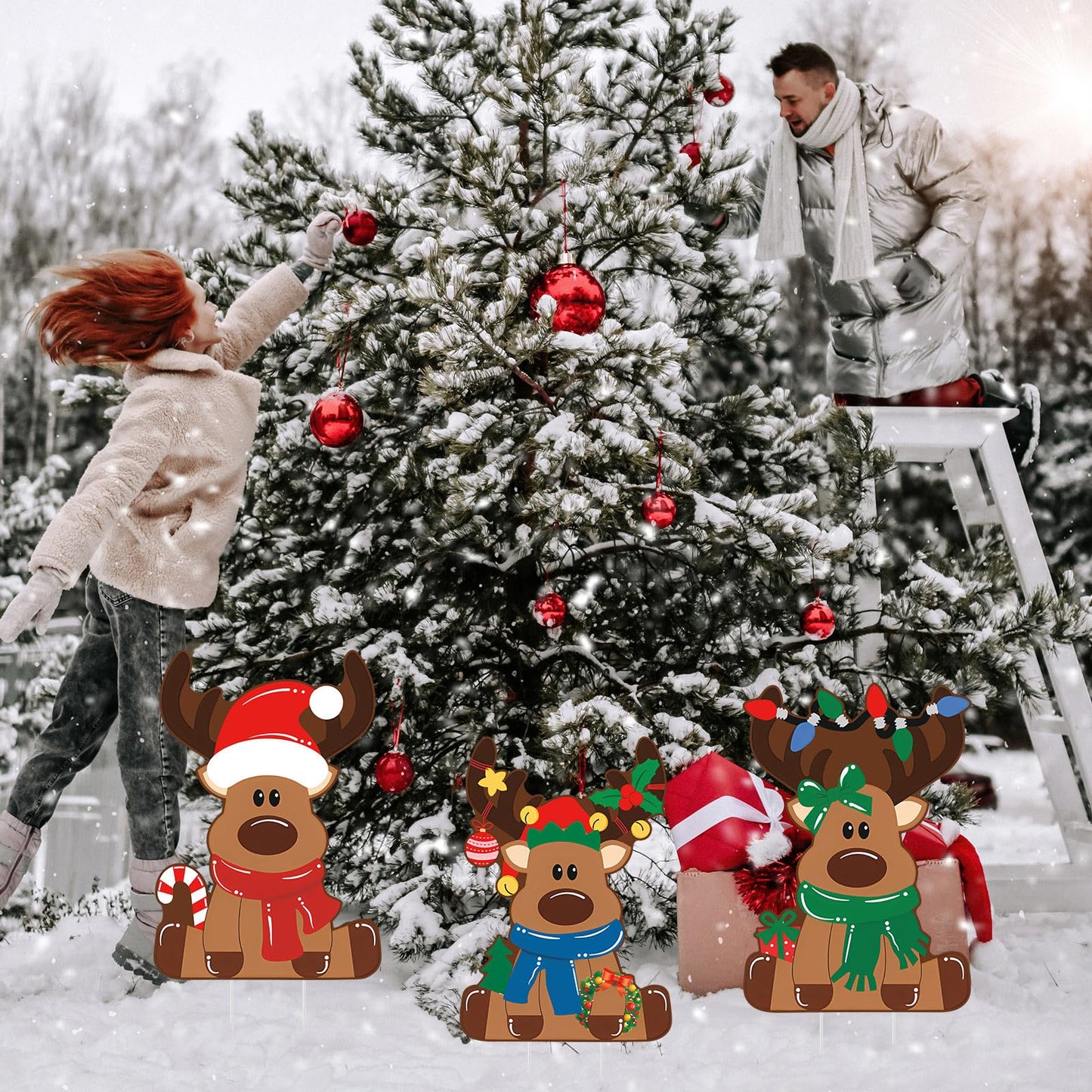 Weysat 3 Pcs Reindeer Christmas Yard Signs with Stakes Waterproof Elk Decoration Outdoor Xmas Reindeer Yard Stakes Lawn Signs for Christmas Holiday Pathway Garden Patio Party Favors (Regular)