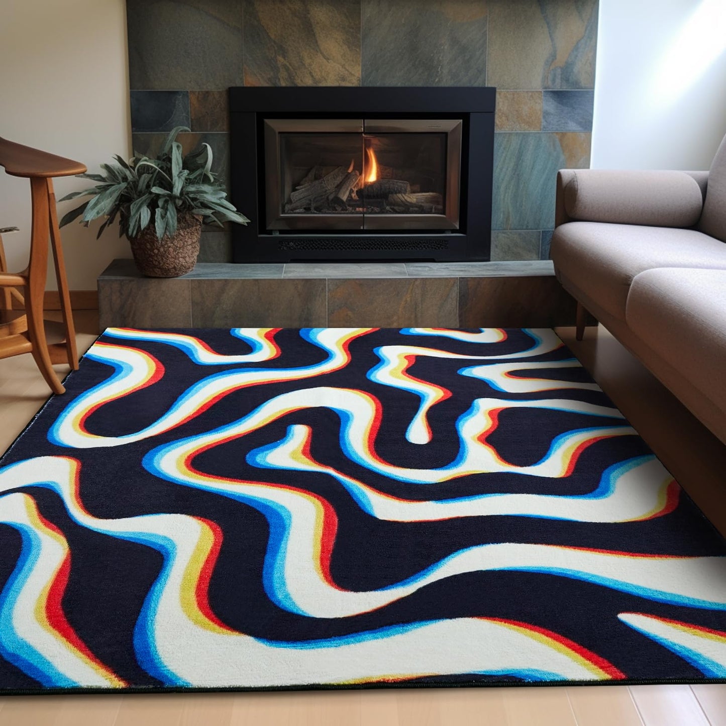 Aldopein Trippy Abstract 3x5 Area Rug Non Slip Ultra Thin Flatweave Funky Aesthetic Wavy Stripes Swirl Throw Rug Colorful Black White, Retro Cool Cute Washable Carpet for Kitchen Entryway Bedroom