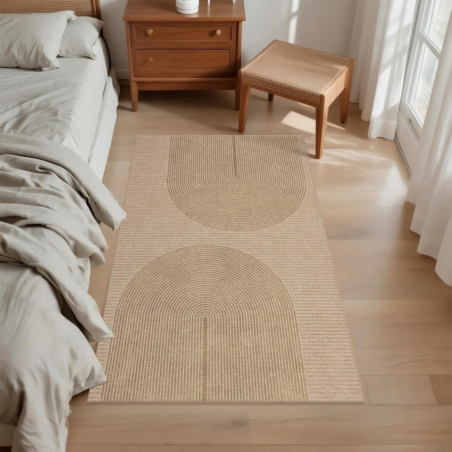 Easy Jute Rug 4x6 Outdoor: Natural Modern Area Rugs for Patio Porch Deck Linen-Look Fabric Durable - Neutral Washable Carpet for Entryway Living Room Bedroom Indoor Non Slip - Geometric Arch Pattern