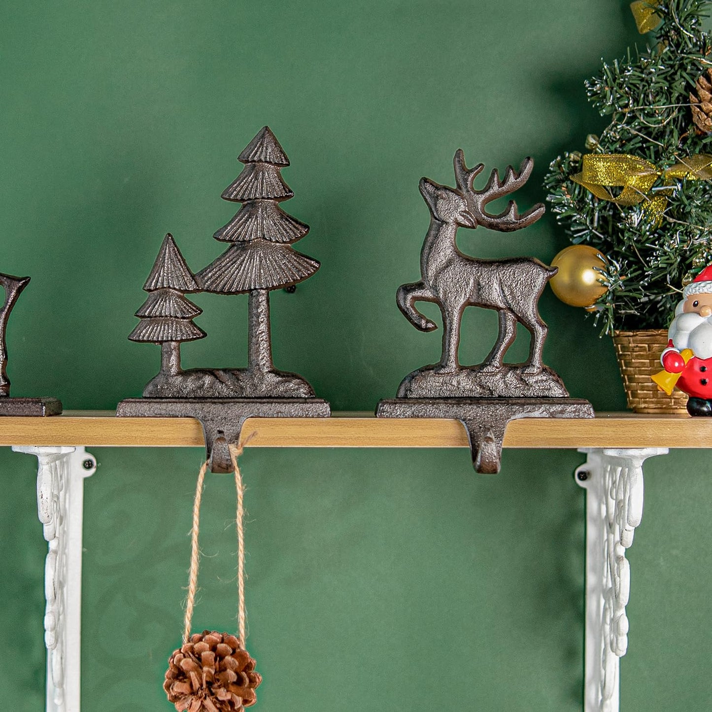 Sungmor Christmas Stocking Holders, 2PC Cast Iron Mantel Hooks Home Decor Holiday Gifts, Heavy-Duty Anti-Slip Fireplace Hangers, Christmas Tree Reindeer Pattern Hooks for Xmas Shelf Topper Decoration