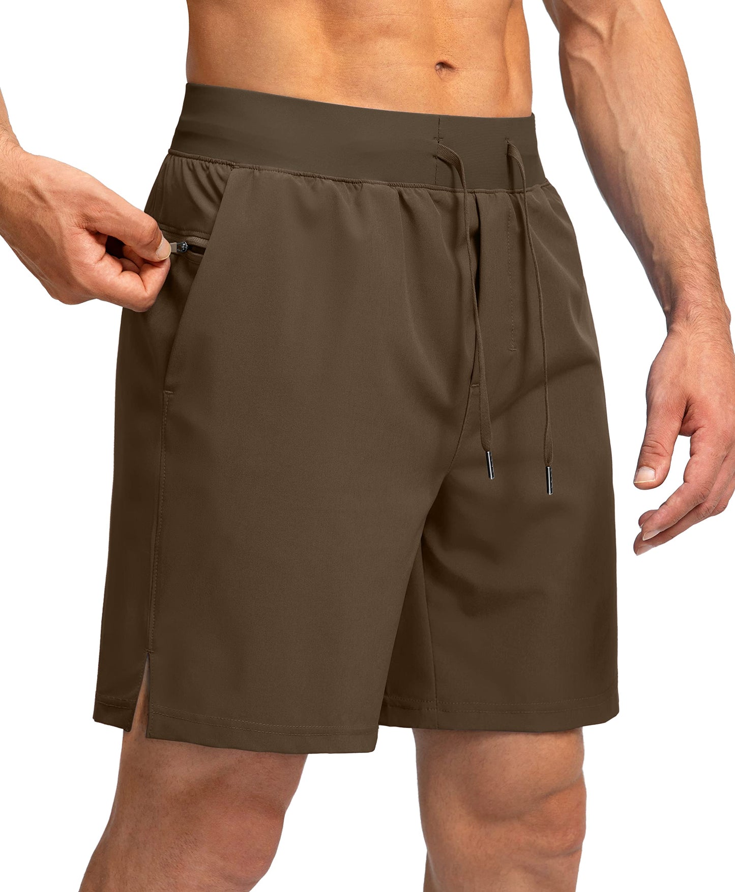 Soothfeel Men's Running Shorts with Zipper Pockets 7 Inch Lightweight Quick Dry Gym Athletic Workout Shorts for Men (Brown, M)
