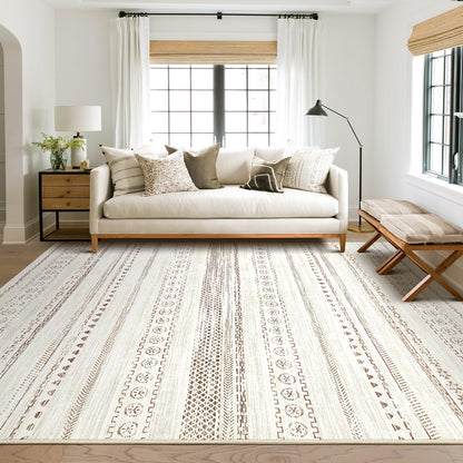 kakania 9x12 Washable Area Rug: Non Slip Soft Thin Carpet, Boho Geometric Modern Decor, Easy Clean Indoor Floor Large Rugs for Living Room Bedroom Kids Dorm Office Dining - Brown