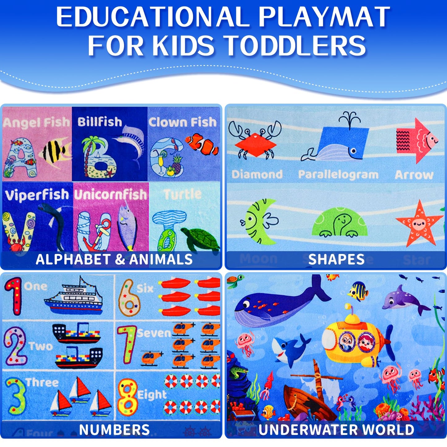 DINSUMRUG 3'3"×5' Interactive Ocean World Learning Rug with ABC, Sea Animals, Numbers & Shapes for & Preschoolers, Washable Non-Slip Carpet for Playroom, Nursery & Homeschool