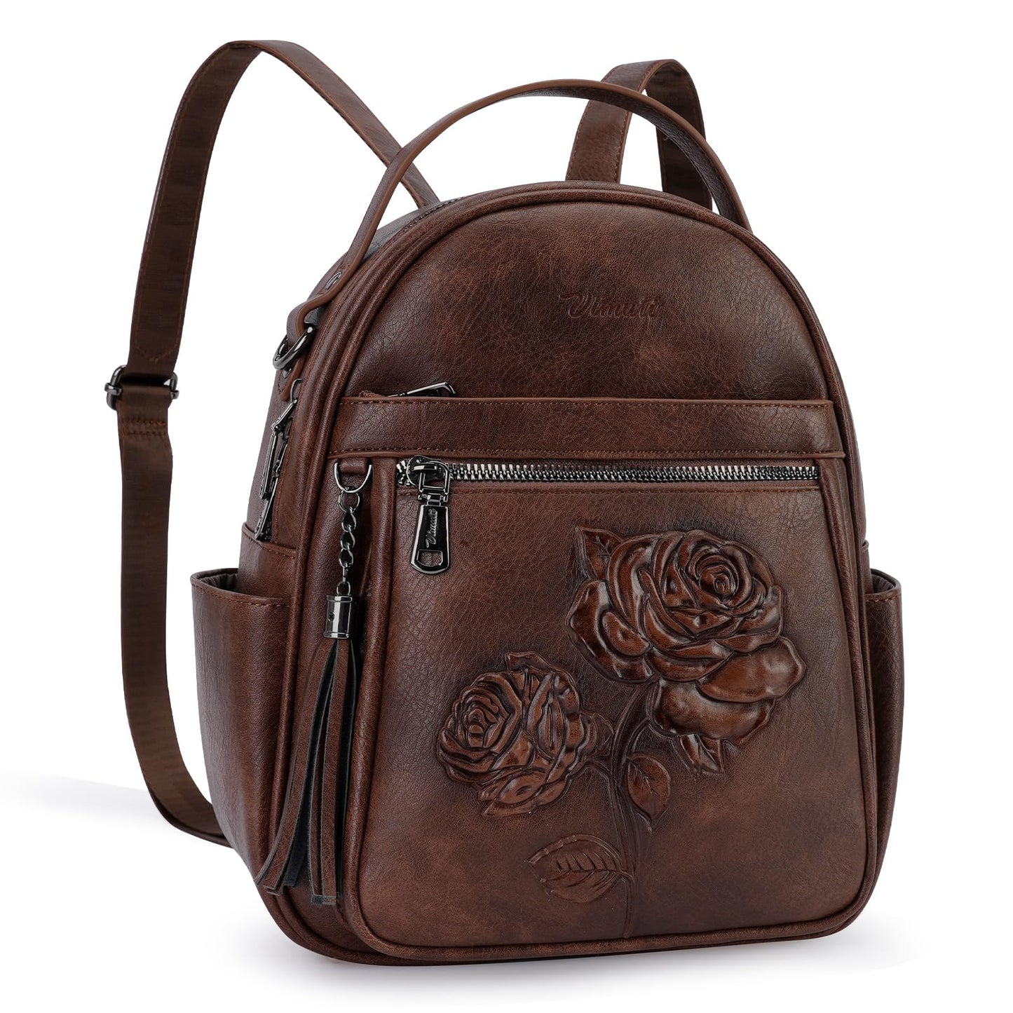 VIMUTI Mini Backpack Purse for Women,Embossed Leather Small Backpack Fashion Travel Backpacks Daypacks Shoulder Handbag (COFFEE-Flower)