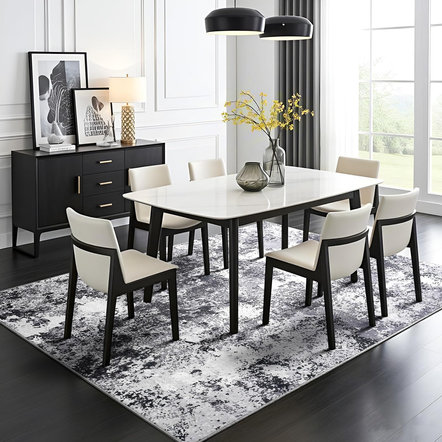 Enqinar Modern Abstract 4x6 Rug, Soft Washable Area Rug for Bedroom, Non Slip Thin Foldable Low Pile Stain Resistant Carpet for Living Room Dining Room Home Office Decor, Black Grey White