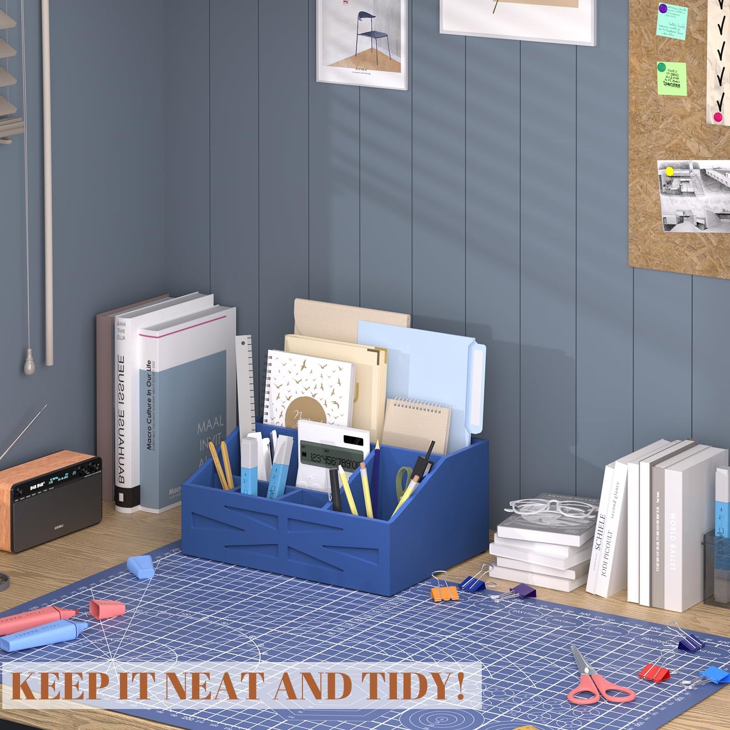BELO VALE Wood Mail Organizer Countertop,Farmhouse Desk and Kitchen Countertop Storage, Letter Sorter, Desk Mail and Bill Organizer, Desktop File and Paper Holder (Blue)