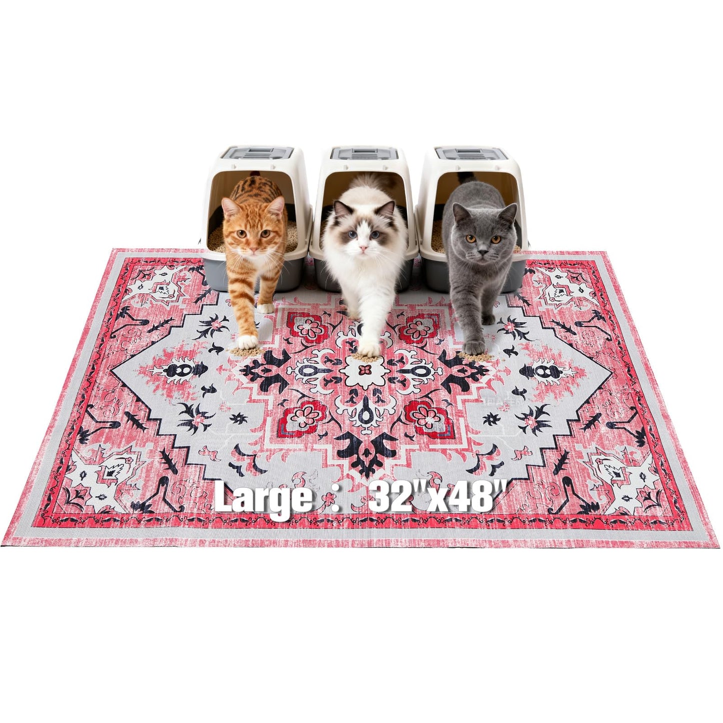 EXPAWLORER Cat Litter Mat, 32”x48” XL Non-Slip Urine Waterproof Litter Trapping Mat Easy to Clean Washable Litter Box Mat for Floor Soft on Kitty Paws, Indoor Food Mats Rug Pads for Bathroom Pink