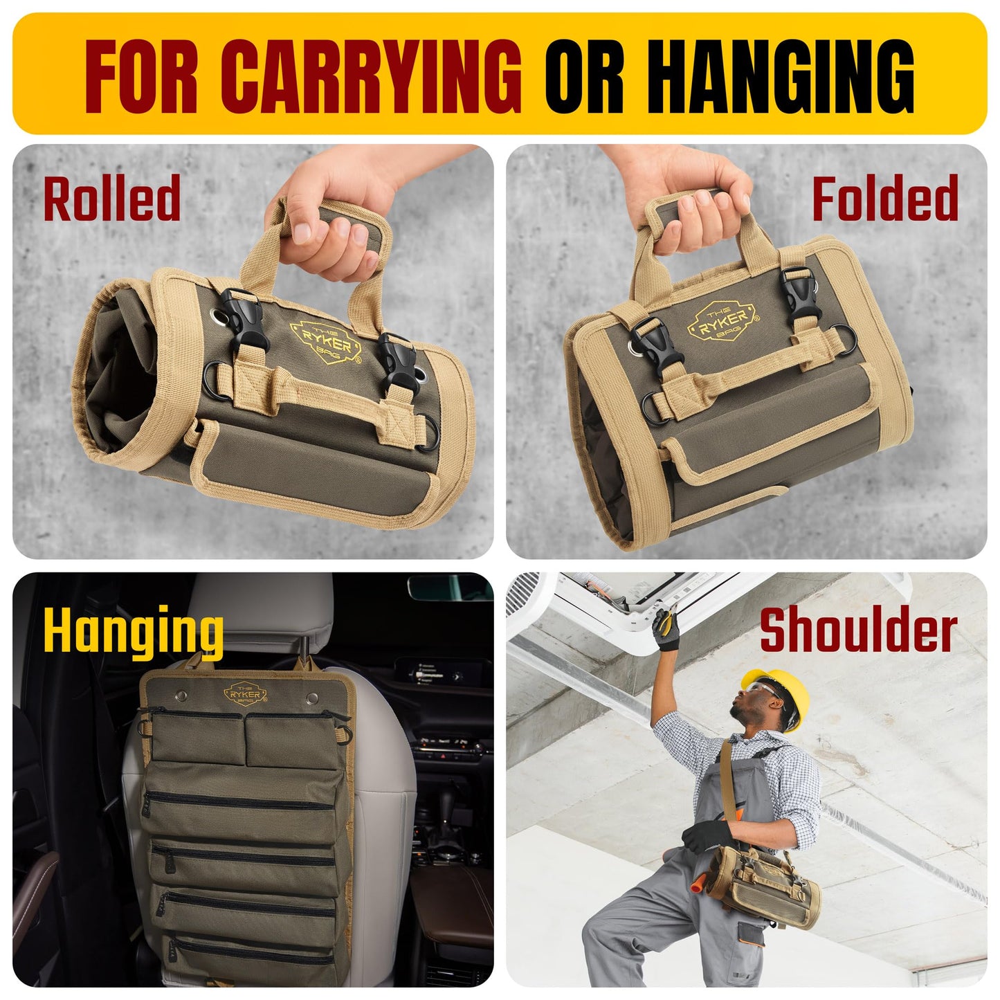The Ryker Bag Tool Roll Organizer with Detachable Pockets – Heavy Duty Roll-Up ToolBag for Mechanics, Electricians, Plumbers, Contractors, Garage & Job Site Use Gift for Dads (AP-TR)