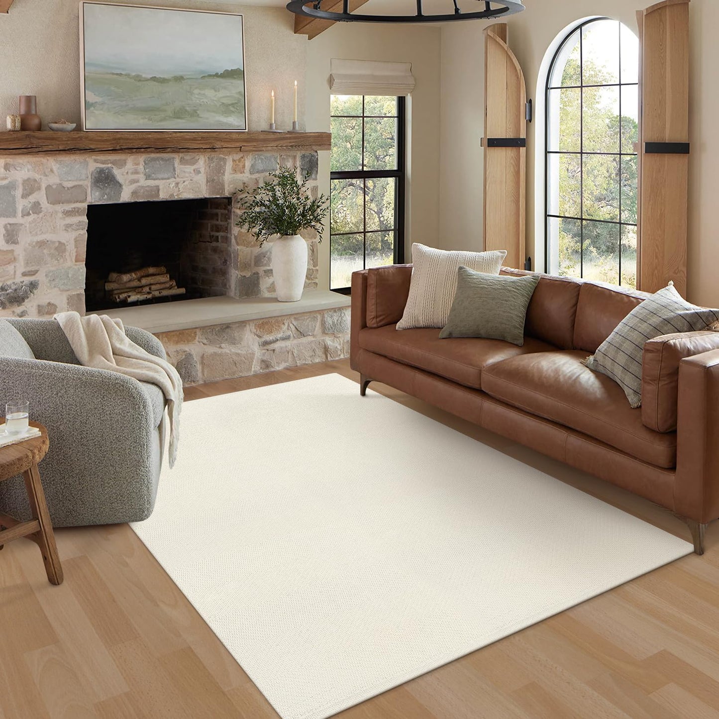 LEEVAN Washable Area Rug 4x6, Hand-Woven Cotton Living Room Rug, White Braided Bedroom Rugs, Farmhouse Indoor/Outdoor Floor Carpet for Patio, Nursery, Office, Playroom, Dining Room