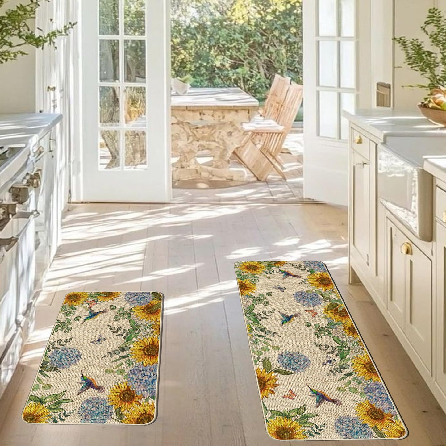 Tikeciti Spring Summer Sunflower Blue Hydrangea Kitchen Mats Set of 2, Butterflies Kitchen Rugs Seasonal Hummingbirds Holiday Floor Non-Slip Low Profile Mat Farmhouse Home Decor 17x29 and 17x47 Inch