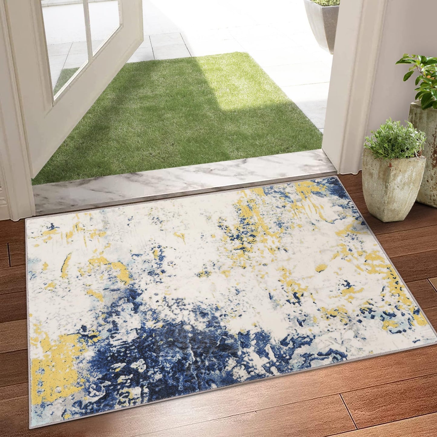 Abstract Modern Area Rug, 2x3 Washable Foldable Soft Rugs with Non-Slip Backing, Non-Shedding Floor Mat, Stain Resistant Carpet for Living Room Bedroom Dining Room Office, Yellow Blue
