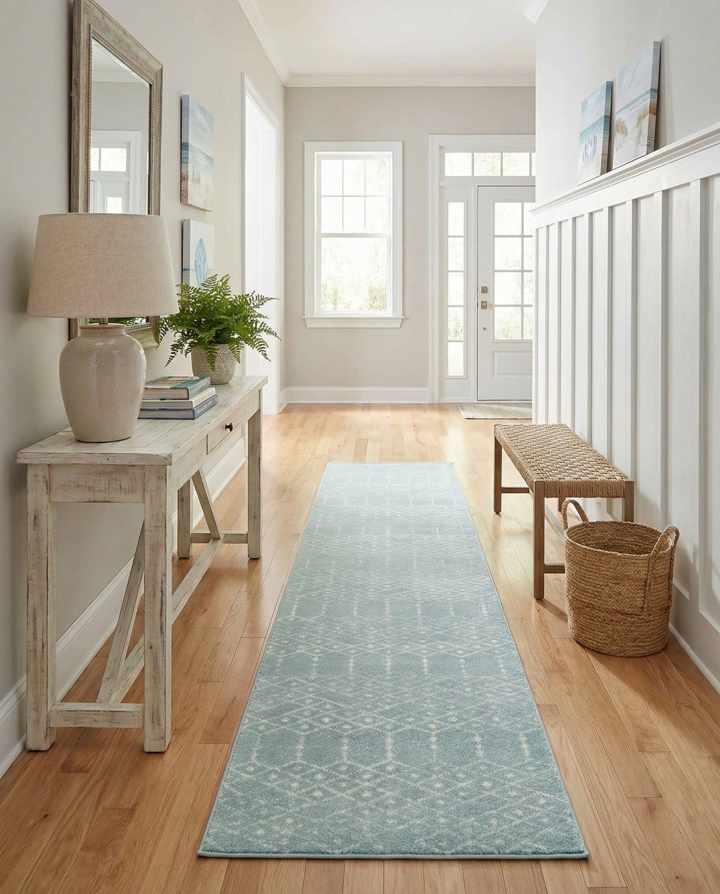 Rugs.com - Paxon Trellis Rug – 16 Ft Runner Aqua Easy-Clean Rug – Modern Hallway Runner, Stain-Resistant Entryway Decor