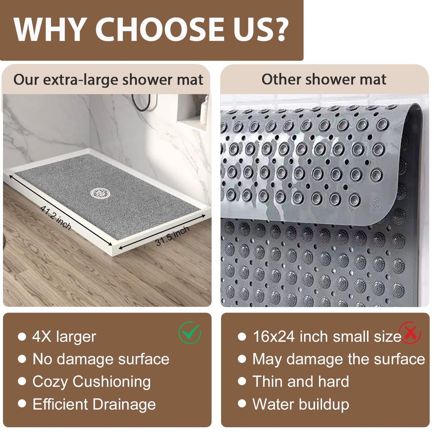 Shower Mat Non Slip: 47.2 x 31.5 Inch Extra Large Shower Mats for Inside Shower with Drain Hole - Soft PVC Loofah Anti Slip Shower Stall Mat for Walk-in Shower and Bathroom, Quick Drying