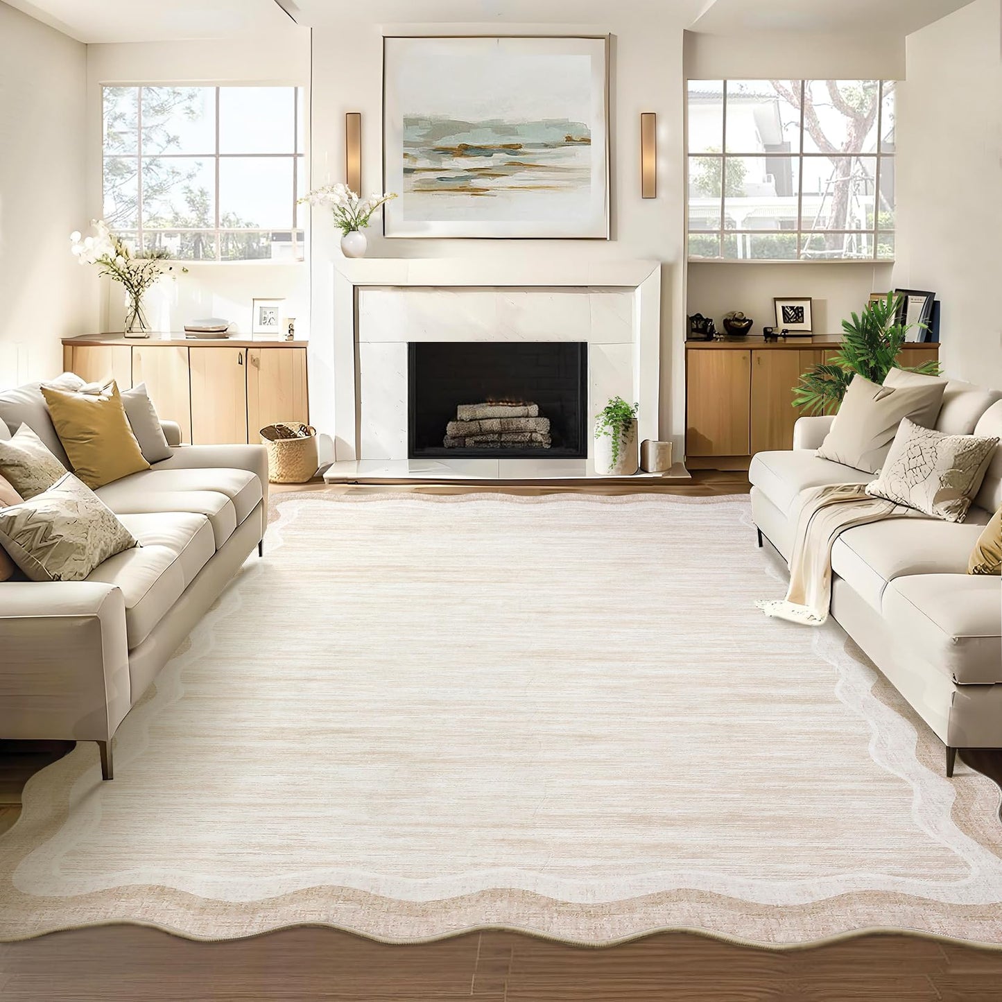 GarveeHome Washable Rugs 8x10 Scallop Solid Living Room Rug Scalloped Rug with Non-Slip Backing, Stain-Resistant Low Pile Easy Cleaning Rugs, Soft Modern Carpet for Bedroom Playroom Nursery,Beige