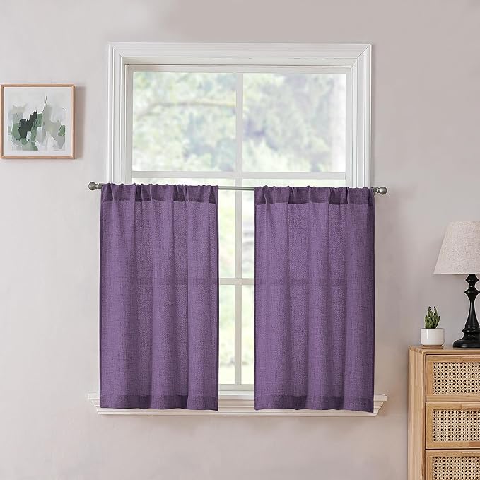 Tollpiz Linen Tier Curtains Rod Pocket Semi Sheer Short Kitchen Curtain Half Burlap Light Filtering Thick Linen Drape for Bathroom, 30 x 30 inches Long, Royal Purple, Set of 2 Panels