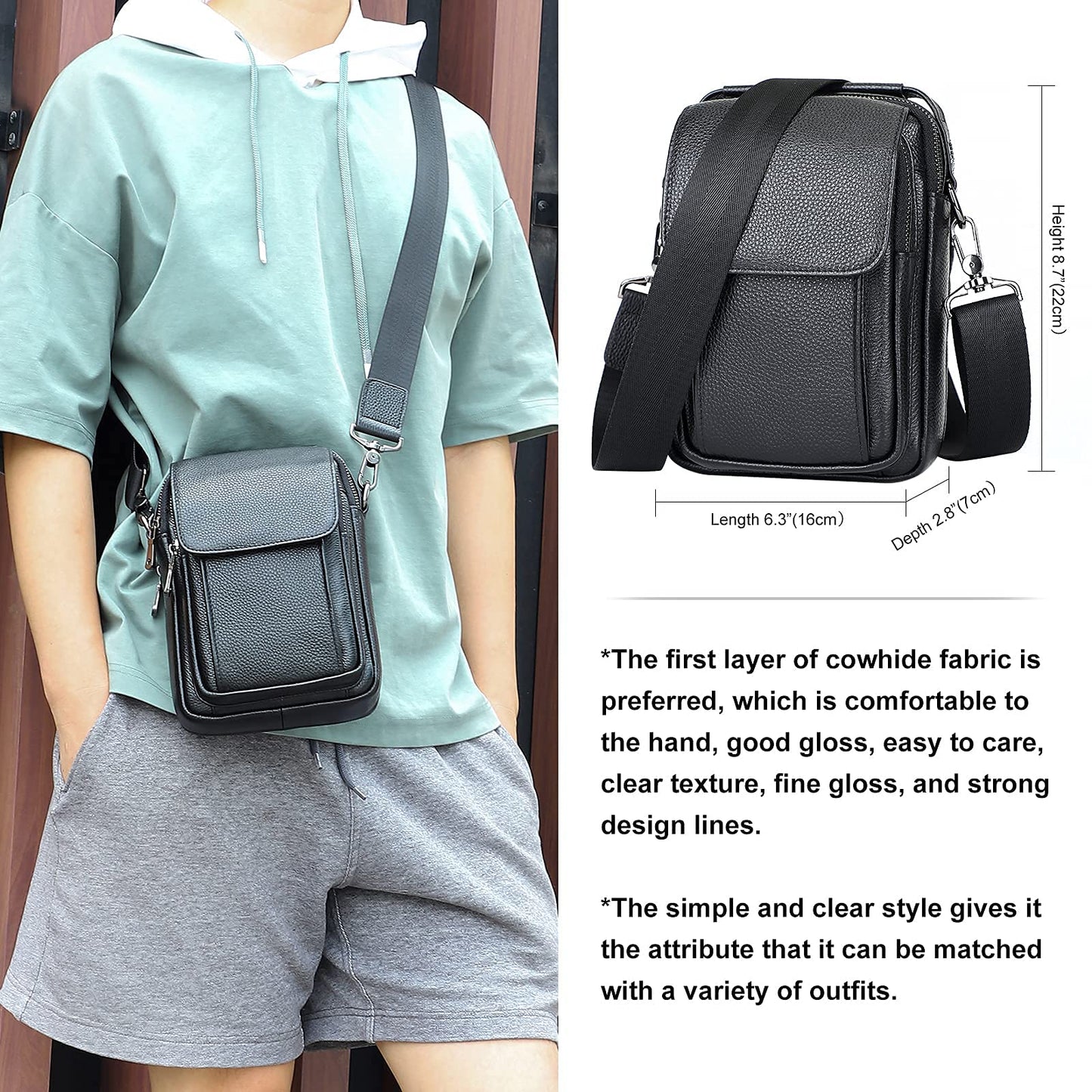 Augus 100% Genuine Leather Small Messenger Bag for Men - Crossbody Shoulder Sling Travel Daypack with Magnetic Buckle, Unisex Design for Daily Commute & Travel