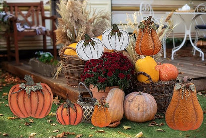 Metal Pumpkin Stakes Yard Signs Fall Decor Decorative Garden Stake Lawn Pumpkins Ornaments Outdoor Autumn Decoration for Harvest Halloween Thanksgiving (17.5" H White x2)