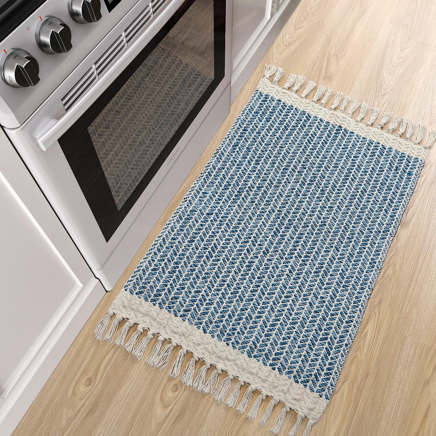 Lahome Belle Boho Bathroom Rugs, Small 2x3 Front Door Bath Mats Lightweight Entryway Rug Woven Cotton Area Rug with Tassels, Farmhouse Blue Throw Rug Washable Low Pile Carpet for Kitchen
