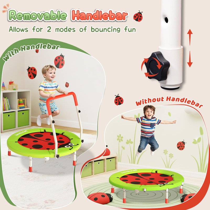 3FT Toddler Trampoline, 36” Foldable Mini Trampoline with Adjustable Handle for Kids Ages 3-6, ASTM Certified Indoor Outdoor Kids Jumper with Safety Padded Cover, Boy Girl Gift Supports 100LBS