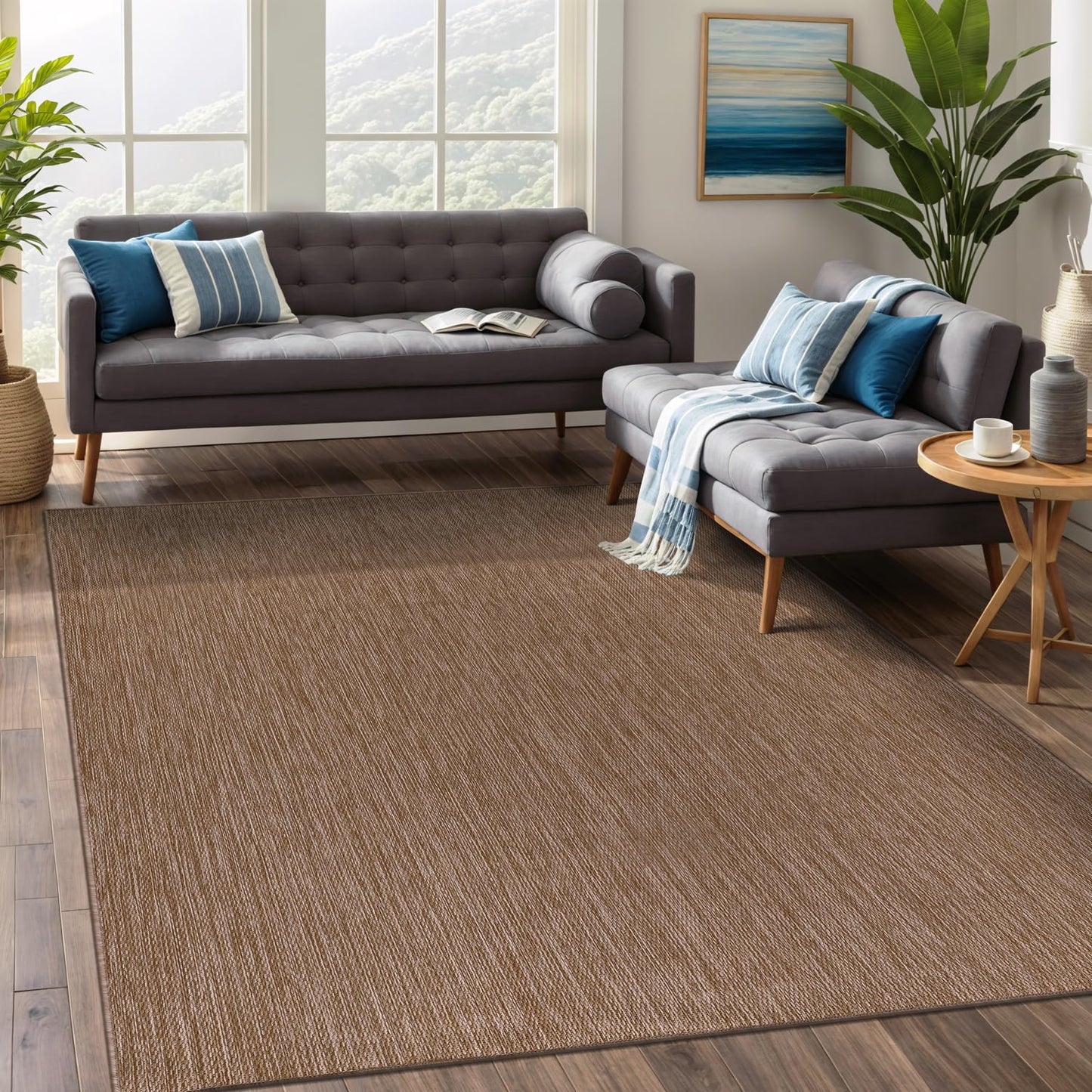 Beverly Rug Indoor Outdoor Rug 6x9, Washable Outside Carpet for Patio, Deck, Porch, Solid Modern Area Rug, Water Resistant, Jute Beige