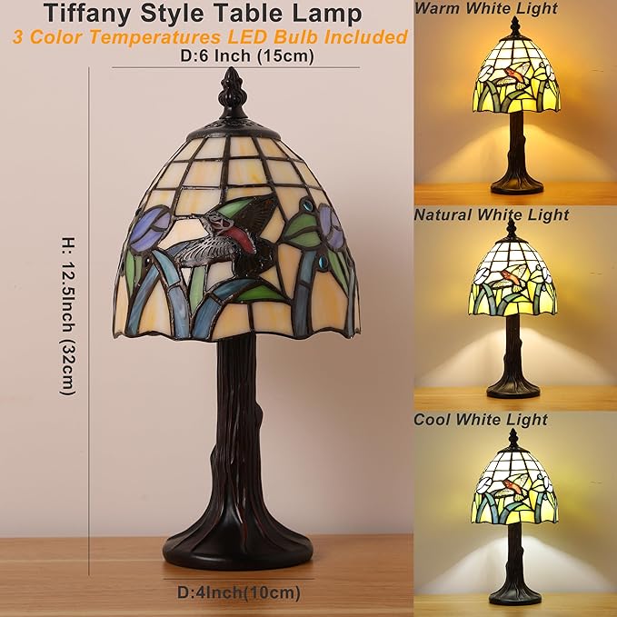 Small Tiffany Table Lamp,3 Color Temperature Hummingbird Stained Glass Table Lamps for Living Room, Dining Room,Bedroom Bedside Nightstand Night Light,W/LED Bulb,6X6X13Inch
