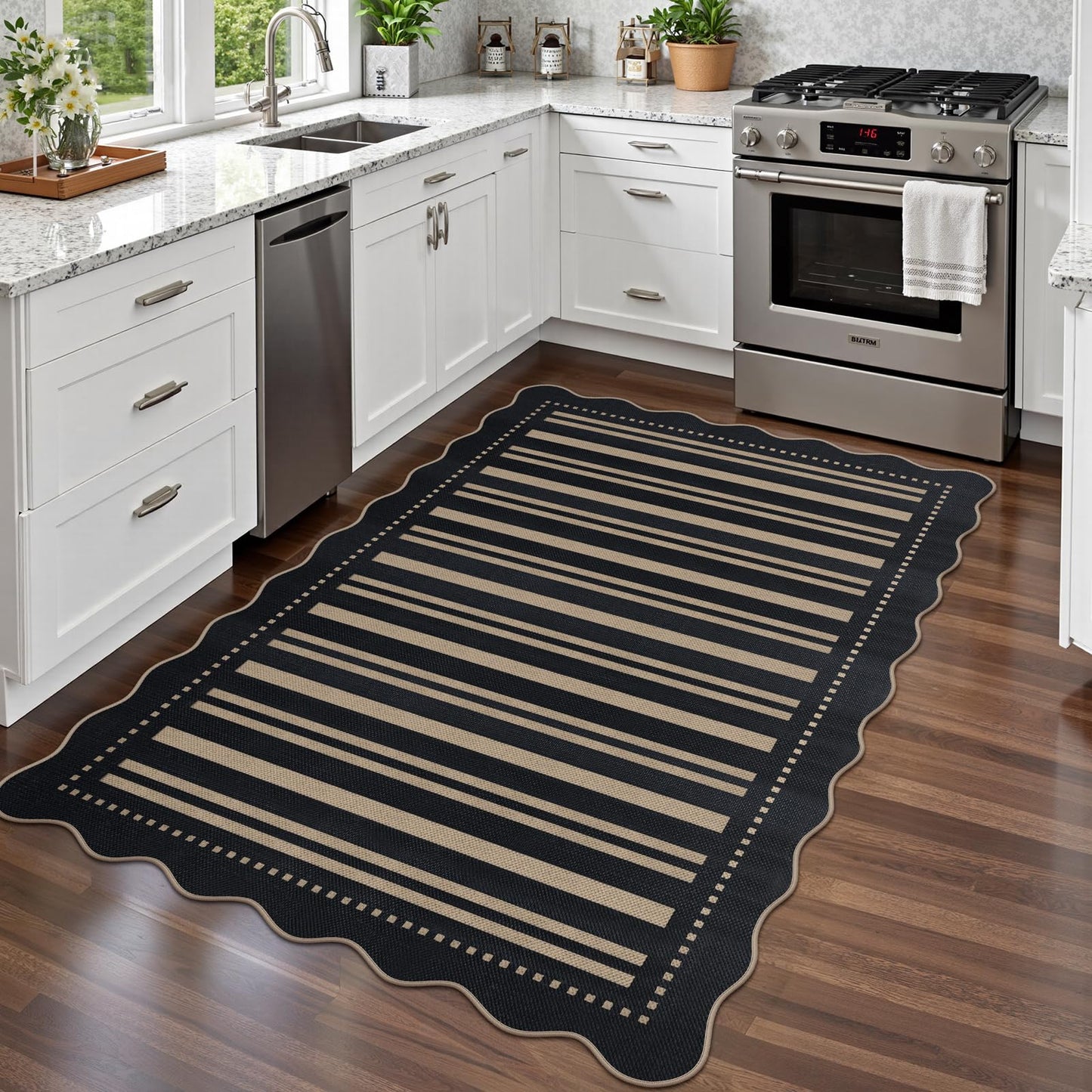 LORWER Striped Easy Jute 4x6 Outdoor Patio Rug, Washable Indoor Outdoor Black Kitchen Rugs Farmhouse Neutral Non Slip Area Rug for Living Room Backyard Bedroom
