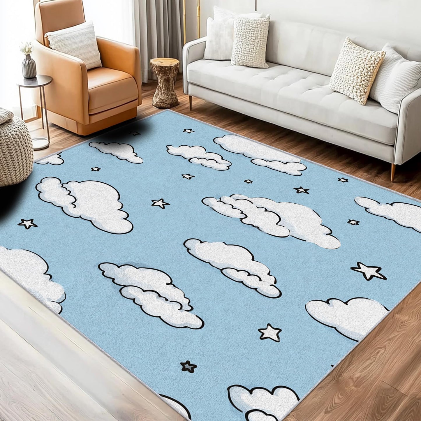 White Cloud Star Rug, Washable Area Rug 5x7 Rugs for Living Room, Cartoon Sky Blue Patterned Indoor Carpet, Cloud Star Decor for Home, Bedroom, Soft Non Slip Thin Design TWR109