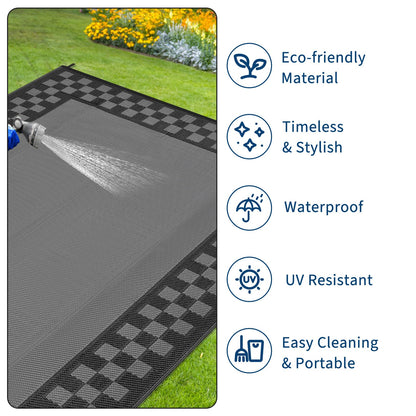 Checkered Outdoor Rug 8x10 Waterproof Modern Bordered Patio Rugs Plastic Straw Rug Large Indoor Outdoor Throw Carpets Reversible Mat for Picnic, Backyard, Rv, Beach, Deck, Camper, Balcony, Grey