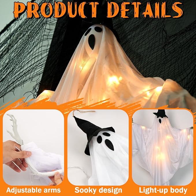 SUNBEAUTY Halloween Decorations Outdoor, Halloweens Party Decoration Indoor, Spooky Ghost with Remote Control String Lights, Halloween-Ghost Lights for Porches Yards Gardens Lawn