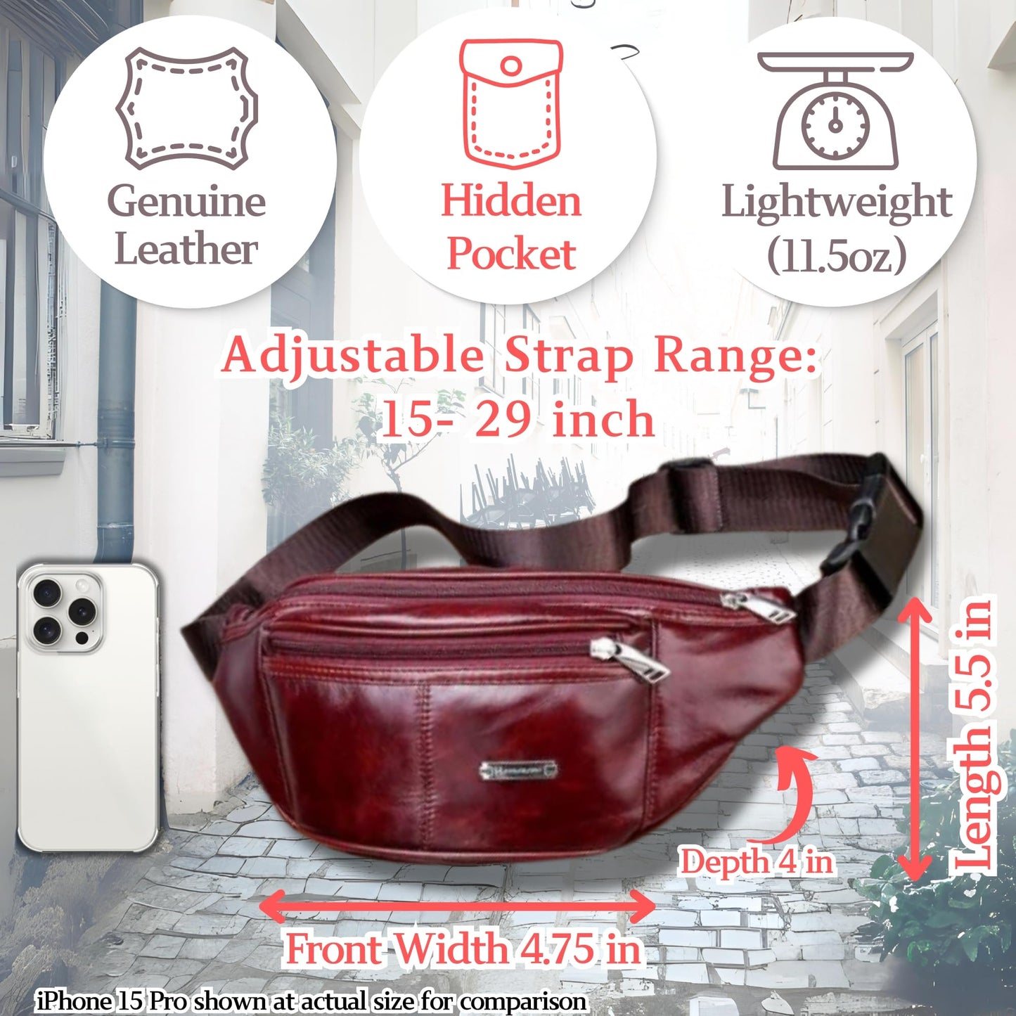Genuine Leather Fanny Pack Bum Bag for Men – Crossbody Sling Waist Bag with 3 Pockets & Hidden Anti-Theft Pocket, Adjustable Strap, Lightweight Travel Hip Bag for Hiking, Outdoor & Daily Use (Oxblood)