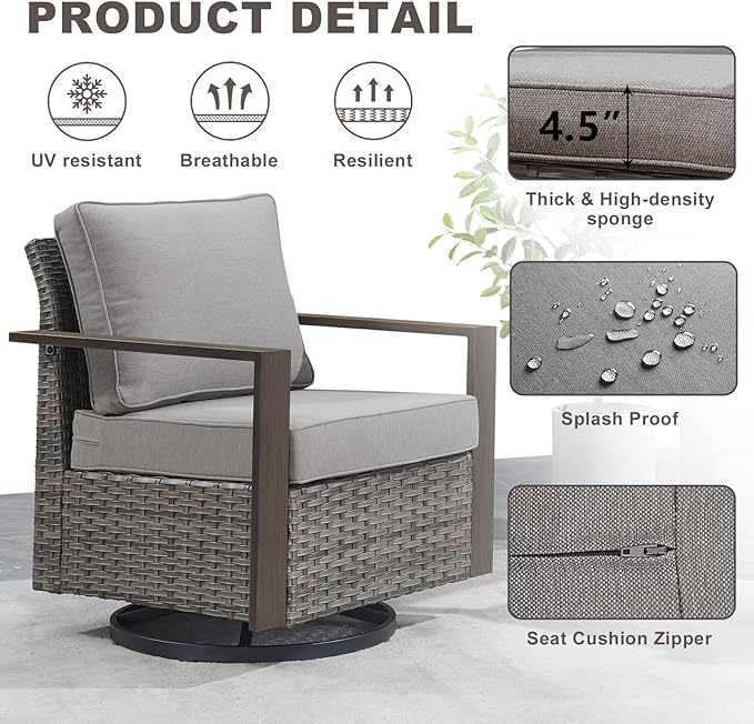 Rilyson Outdoor Patio Swivel Rocker Chairs - Wicker Rattan Patio Swivel Rocking Chairs Set of 2 with Metal Wide Armrest, Thick Cushions and Deep Seating for Deck Porch Sunroom Garden(Mixed Grey/Grey)