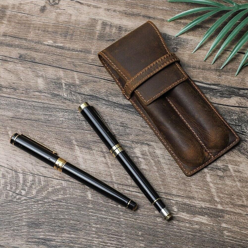 Genuine Leather 2 Slots Pen Holder Case Luxury Fountain Pen Sleeve Organizer Bag