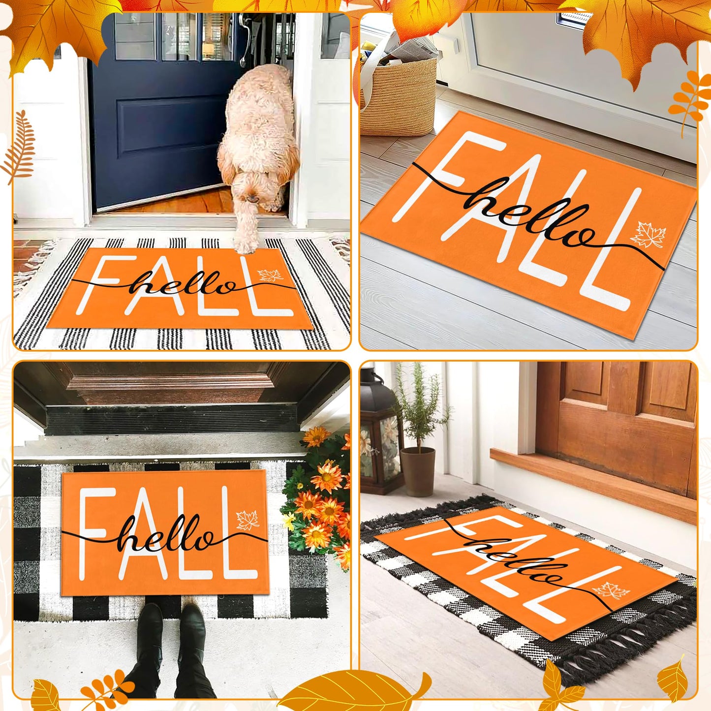 HANXIG Hello Fall Door Mat - Autumn Maple Leaf Doormat, 17 x 29 Inch, Non-Slip Rubber Backing, Washable Seasonal Welcome Rug for Indoor/Outdoor