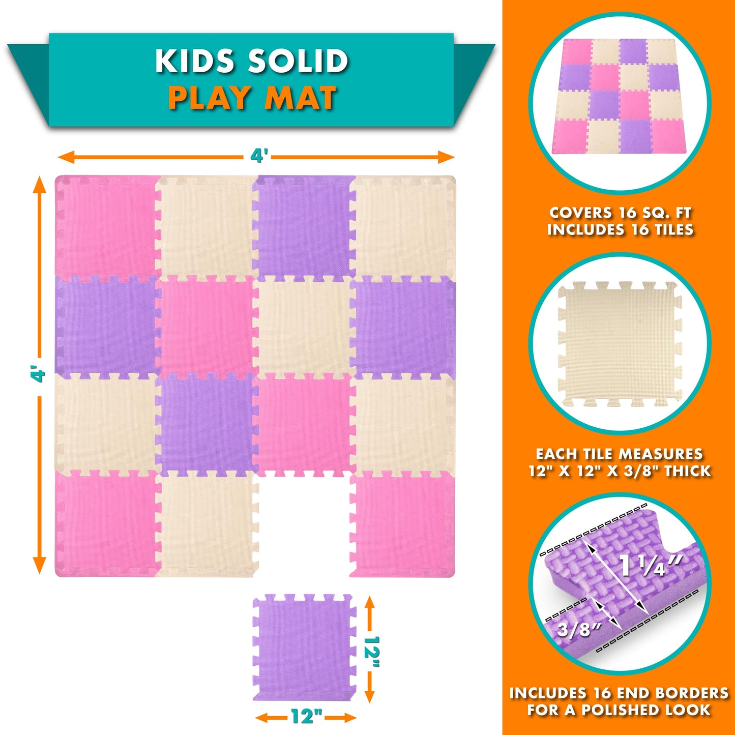 ProSource Baby Play Mat, Soft Foam Floor Tiles for Kids, Interlocking EVA Panels for Playpen Use, Crawling Development Surface, Safe Non-Toxic Toddler Flooring, 16 Tiles, Pink/Purple/Beige