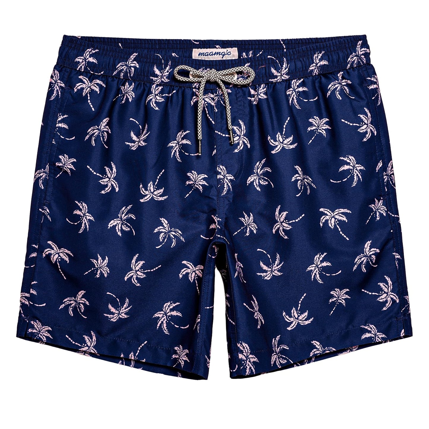 maamgic Mens Swim Trunks Quick Dry Swim Shorts with Mesh Lining Funny Swimwear Bathing Suits 7inch Navy Palm Large
