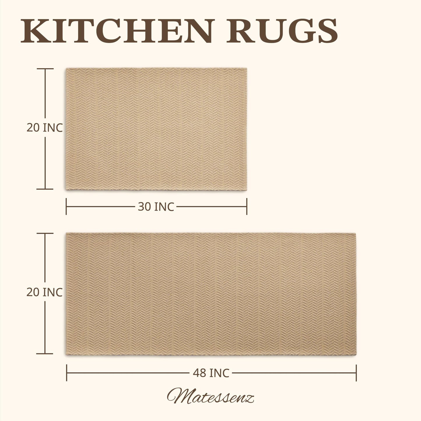 MatEssenz Kitchen Rugs Set of 2, 20" x 30" + 20" x 48" Non Slip Washable Kitchen Mats for Floor, Absorbent Low Profile Sink Runner, Durable Herringbone Woven Farmhouse Rug, Khaki