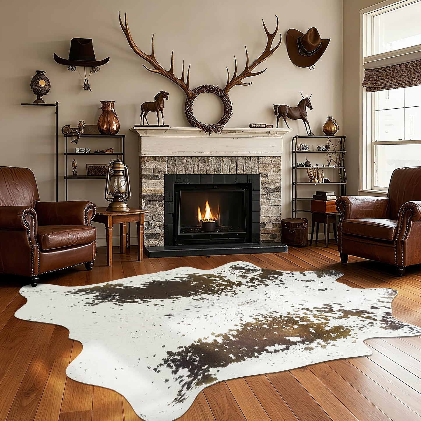 B BENRON Western Cowhide Rug, Faux Cow Hide Rugs for Living Room Bedroom Home Decor, Non Slip Cute Rug with Irregular Animal Skins and Hides, Brown and White, 5.2 x 6.2ft