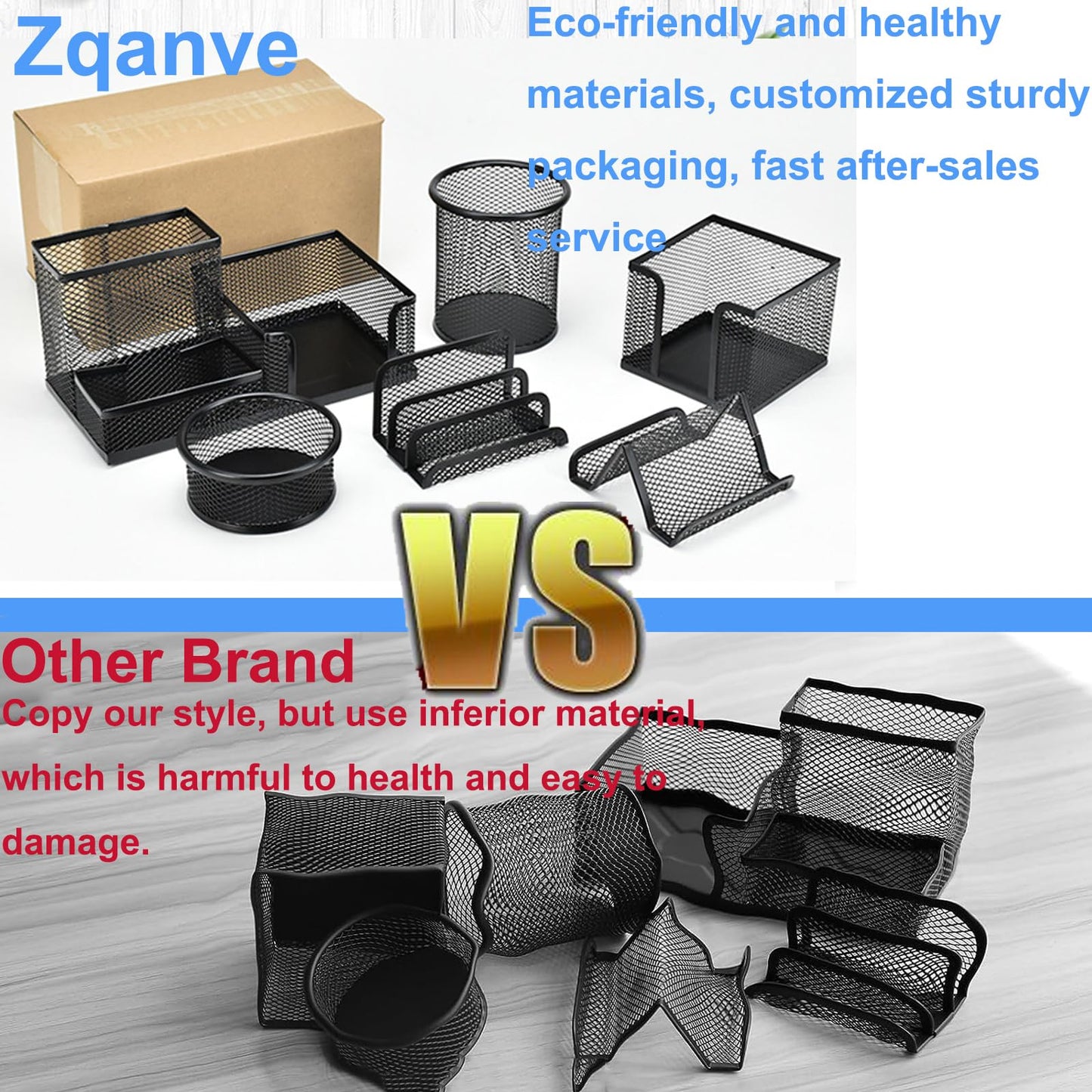 zqanve Desk Organizers set with Mesh Pen Holder Cup, 3 Compartments Black Office Supply Organizer Paper Clips Holder for Office Desk Accessories (6 Piece set, Black)