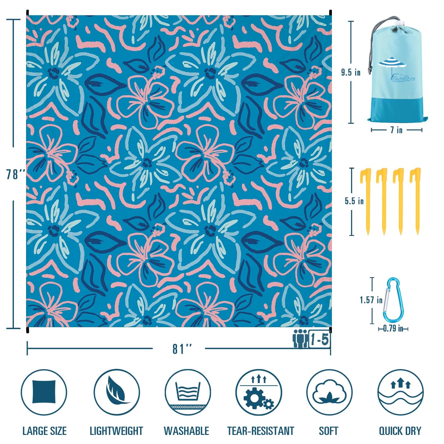 Famstar Beach Blanket Sandproof Waterproof 78''×81''1-5 Adults Oversized,Compact Lightweight Durable Beach Mat for Travel Camping Hiking Picnic Blanket