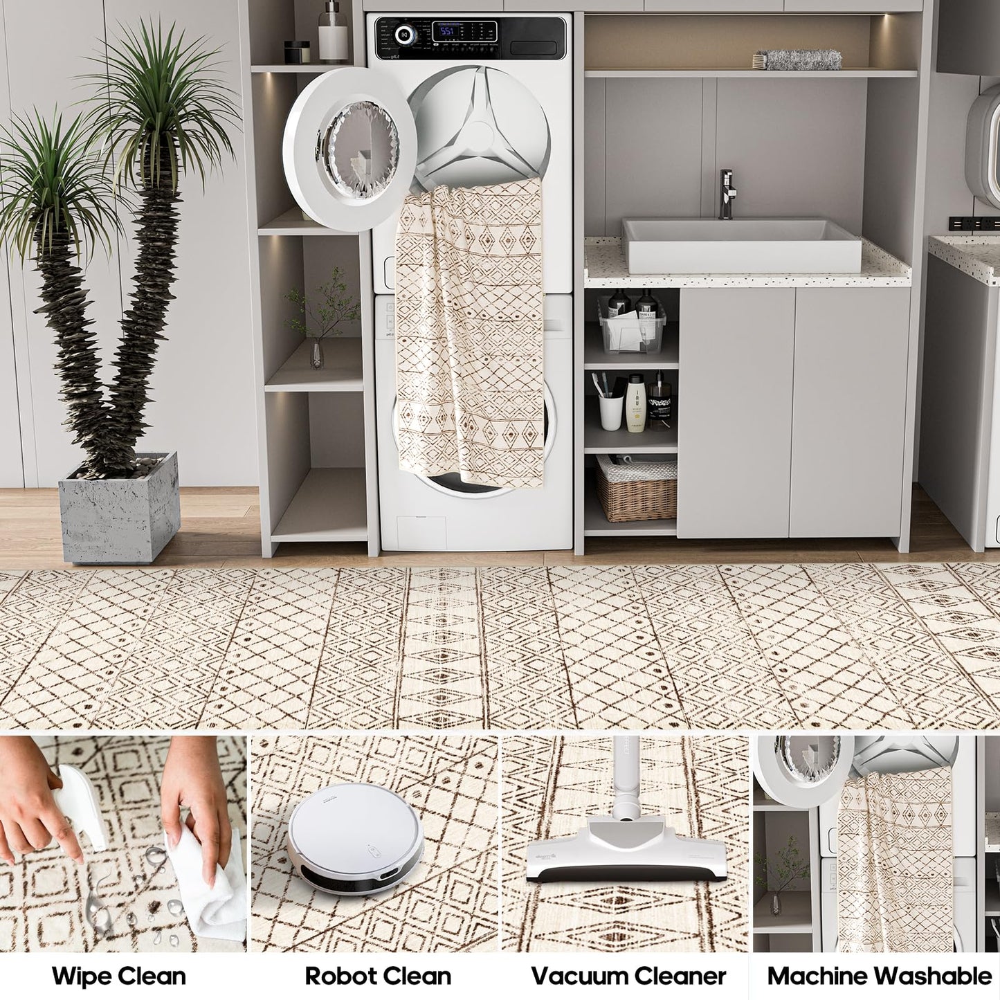 BYYVOO Small Rug 2x3 Washable - Moroccan Kitchen Area Rugs Low Pile Indoor Mat Non Slip with Rubber Backing Soft Area Rug Pet Friendly for for Entryway Front Door Bedroom 2x3 Geo Beige