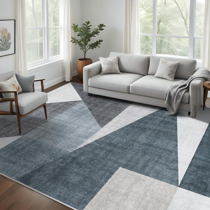 Puino Washable Modern Area Rug: Large 8x10 Geometric Area Rugs for Living Room & Bedroom with Non-Slip Backing Modern Geometric Carpet for Living Room Blue Grey 8'x10'.