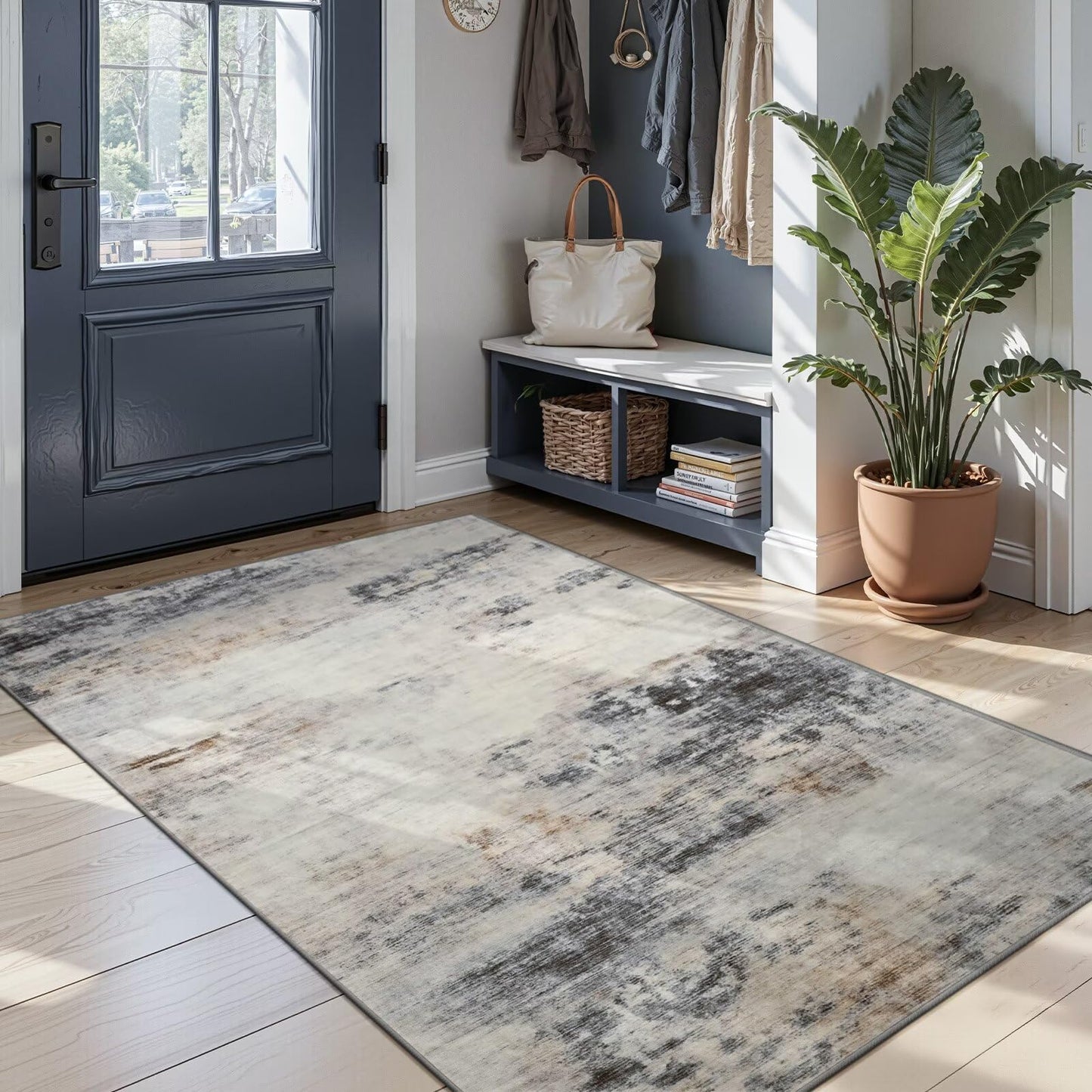 Toneed Abstract Area Rug Modern Washable Rug Soft Non Slip Rug Low Pile for Bedroom Living Room Dining Room Grey/Brown 4x6 Feet
