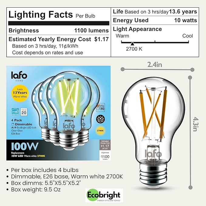 EcoBright 4PK Dimmable A19 LED Filament Bulb, 10W (100W Equivalent), E26 Base, 1100 Lumens, CRI90+, Flicker-Free Clear Glass, Energy Star Title 20, Warm White 2700K